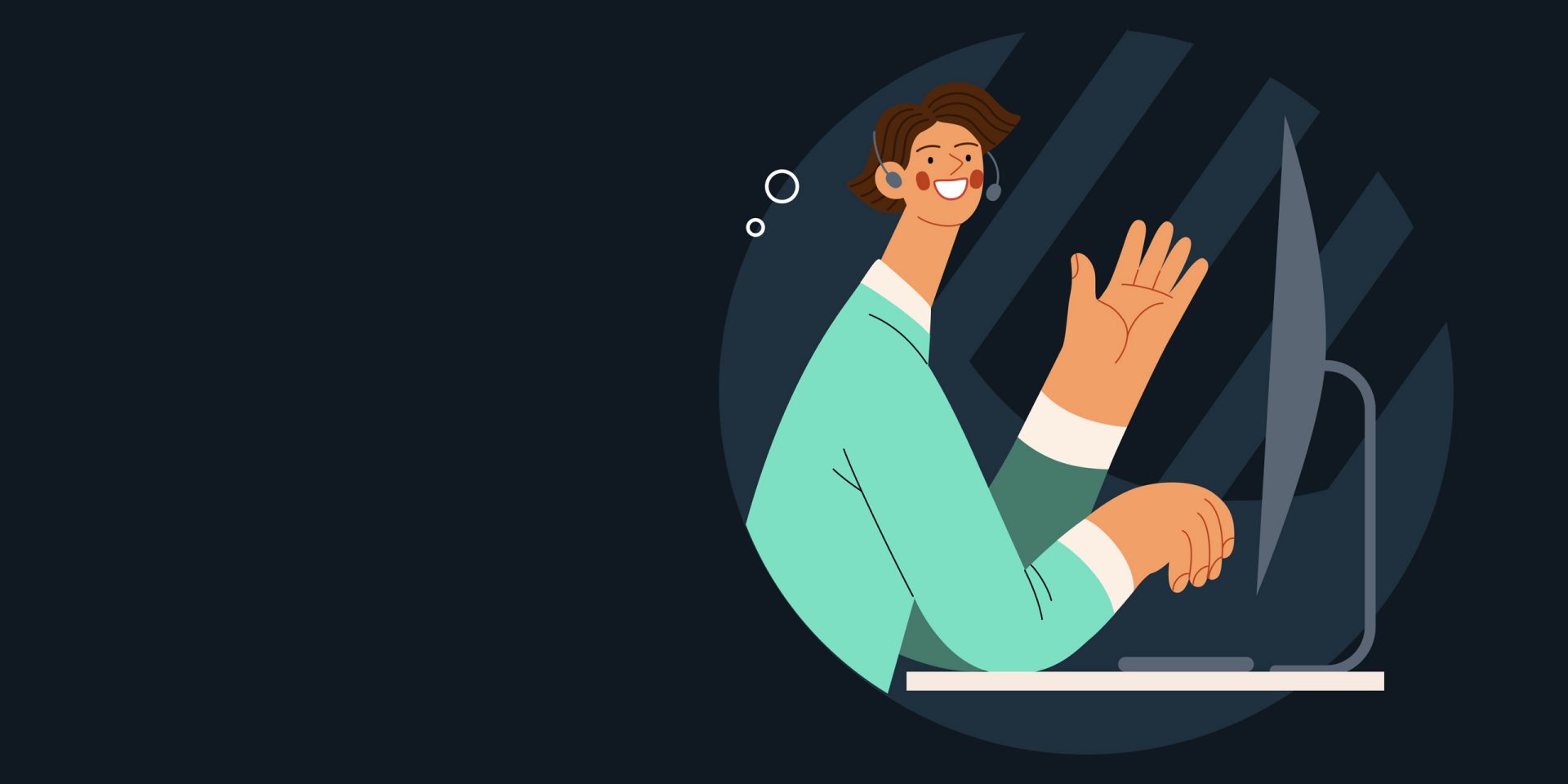 Illustration einer Person, die am Schreibtisch sitzt und arbeitet, und in die Kamera winkt. Symbolbild für "norisbank Presse".
