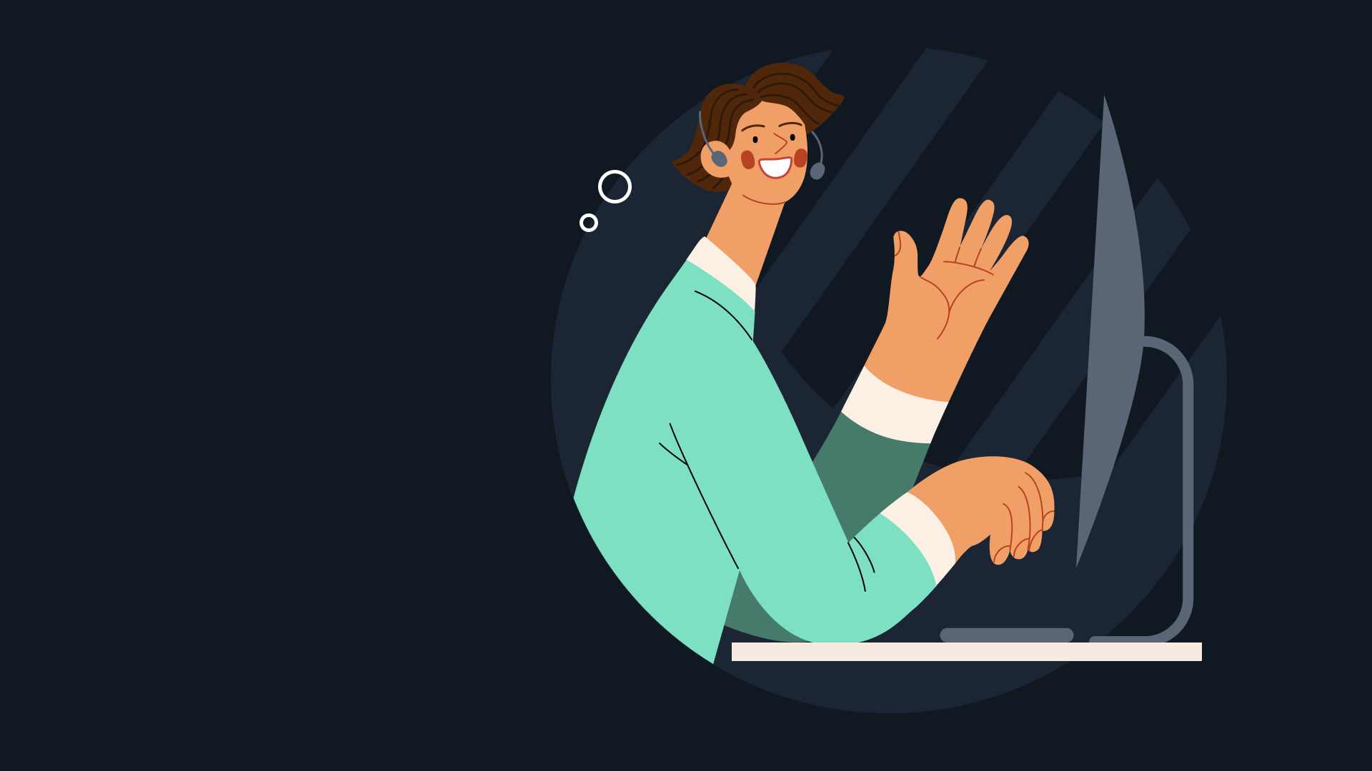 Illustration einer Person, die am Schreibtisch sitzt und arbeitet, und in die Kamera winkt. Symbolbild für "norisbank Presse".