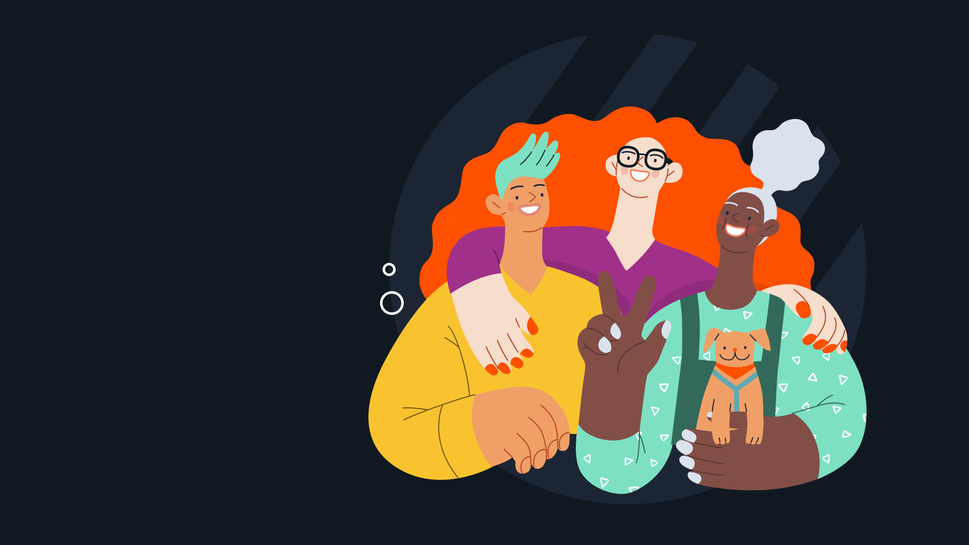 Illustration von drei Personen, die sich umarmen und Vielfalt, Freude und Offenheit ausstrahlen. Symbolbild für "norisbank - über uns".