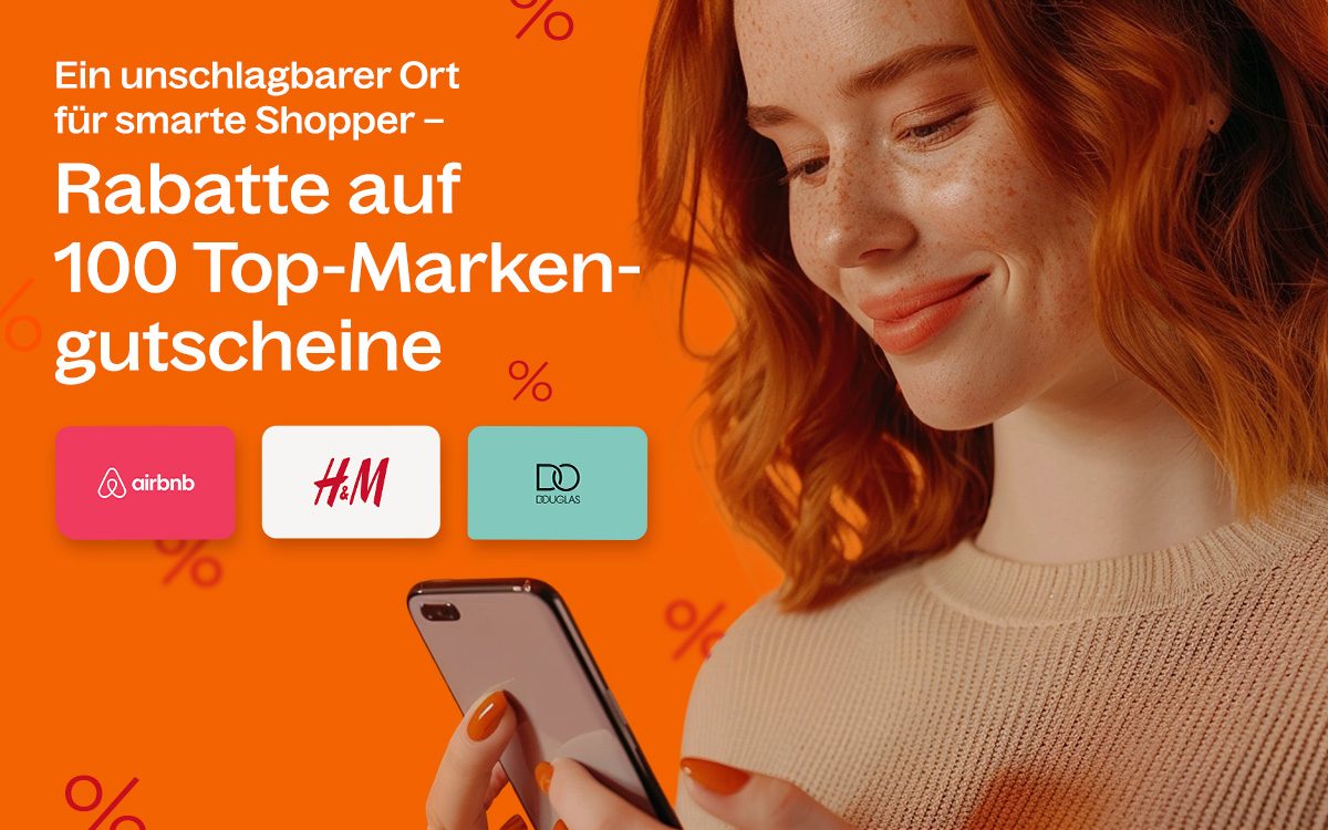 Ein unschlagbarer Ort für smarte Shopper: Rabatt auf 100 Top-Markengutscheine. Exemplarisch die Logos von airbnb, H&M und Douglas