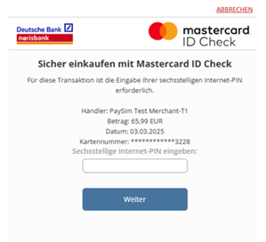 Zahlvorgang 3D-Secure SMS TAN angefordert