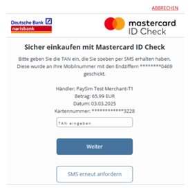 Zahlvorgang 3D-Secure SMS TAN Eingabe oder erneutes Anfordern