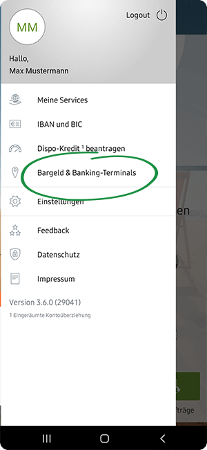 Screenshot Link zum Geldautomatenfinder Hauptmenü - norisbank Bankingapp