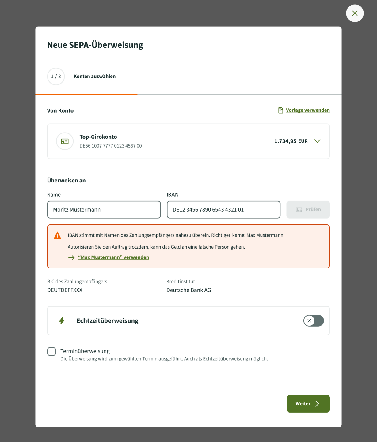 Screenshot einer nahezu übereinstimmenden Empfängerüberprüfung. Mit Hinweis, den ermittelten Namen aus der Empfängerüberprüfung übernehmen zu können