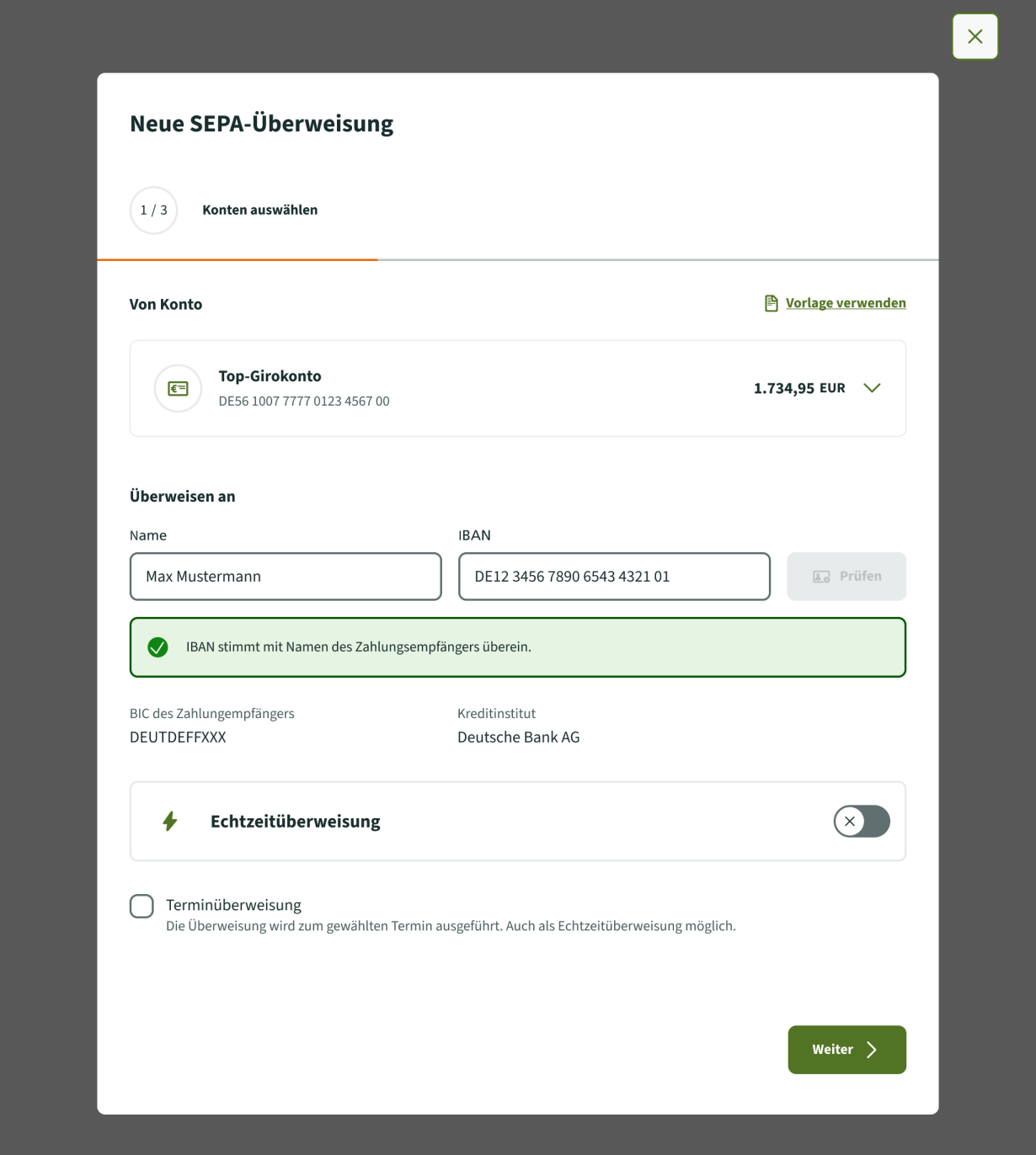 Screenshot einer erfolgreichen Empfängerüberprüfung. IBAN stimmt mit dem Namen des Zahlungsempfängers überein