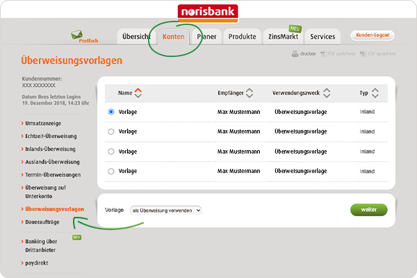 Überweisungsvorlage norisbank